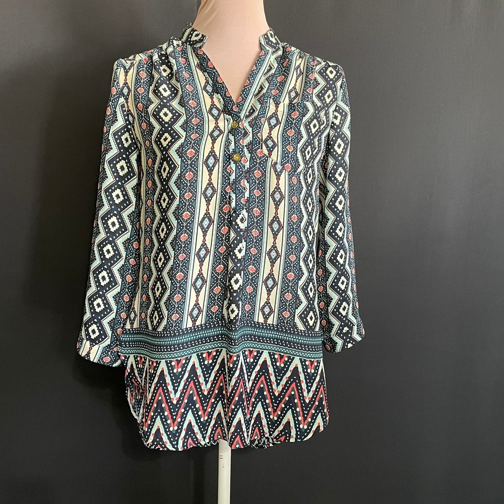 Wishful Park Tunic Top Womens Medium Multi Geometric Good Boho Roll Tab Blouse